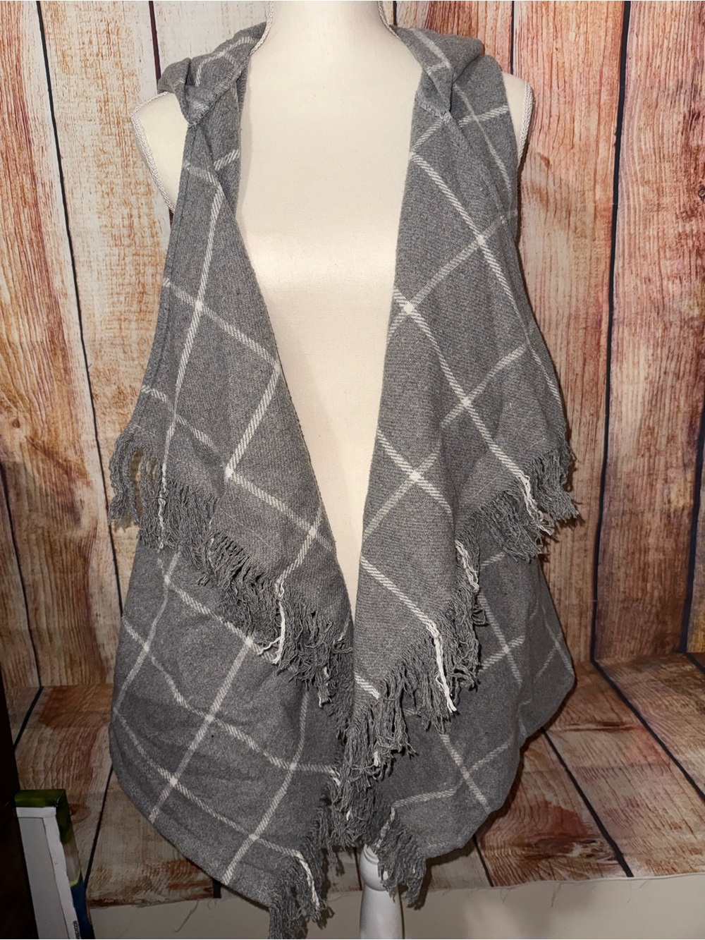 Altar'd State Gray Plaid Hooded Fringe Vest